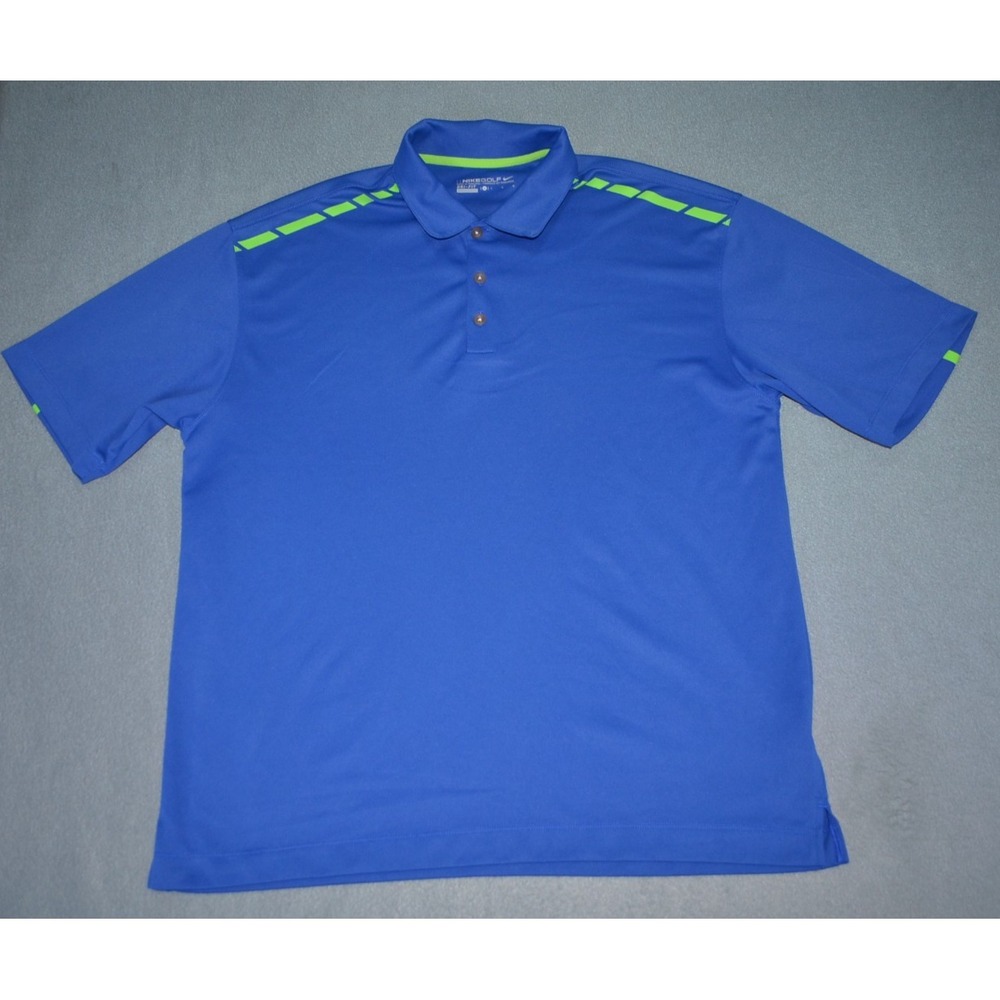 NIKE Golf Mens Large Dri-Fit Blue Neon Green Striped Polo Shirt 527807-466